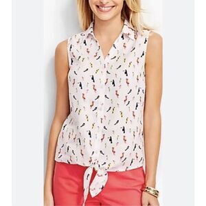 Talbots Linen Parrot Birds Blouse Large White Tropical Print Tie Front Button Up